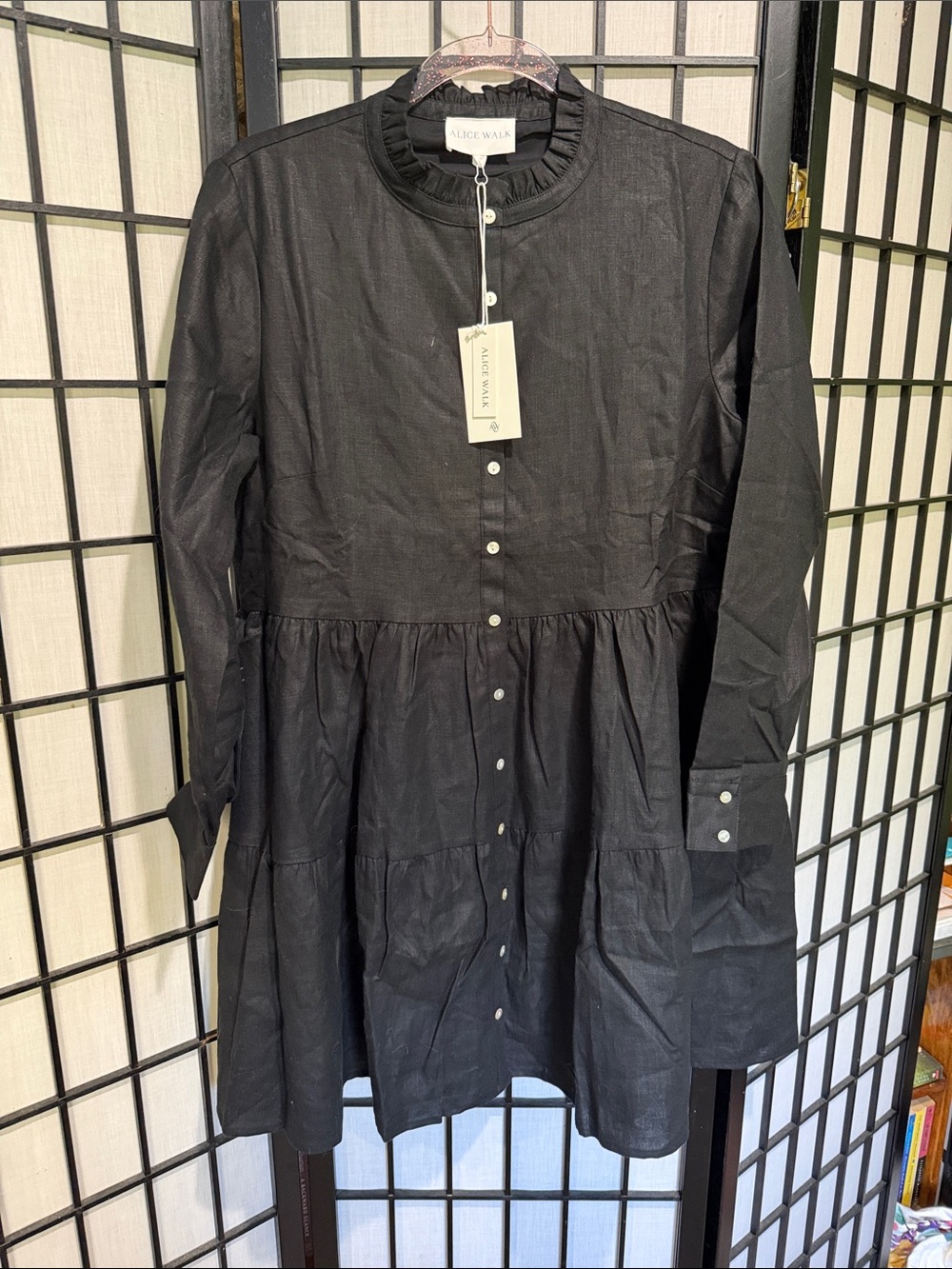 Alice Walk Nantucket NEW Black Button-Front Long-Sleeve LINEN Dress Ruff Collar